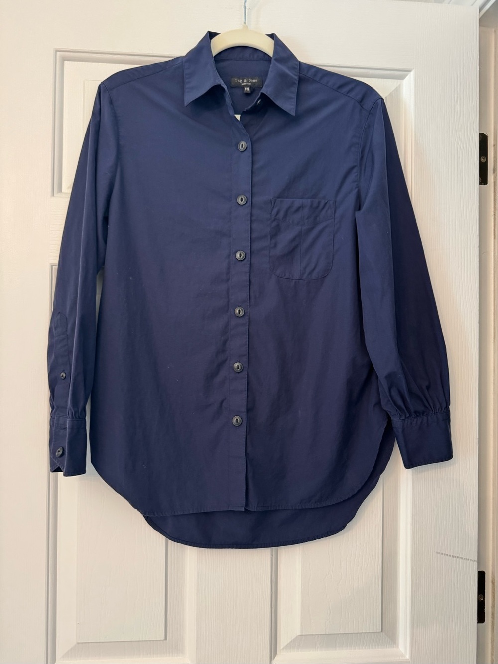 Rag & Bone Navy Blue Collared Button Front Blouse Top Curved Hem XXS